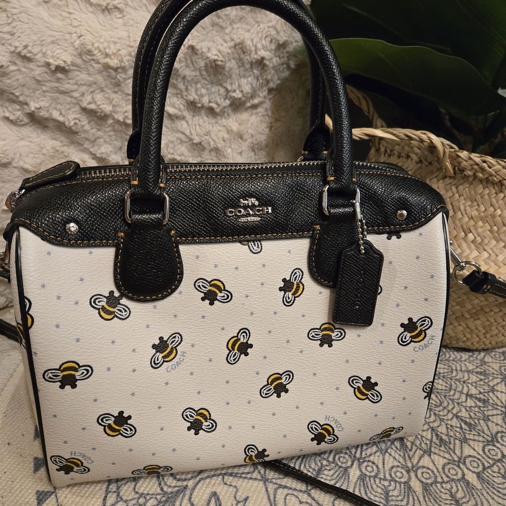 Coach Mini Bennet Black and Cream Bee Print Satchel